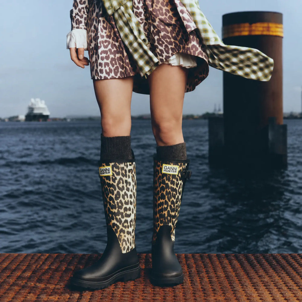 Unisex GANNI X Hunter Tall Adjustable Downpour Wellington Boots Leopard/Black