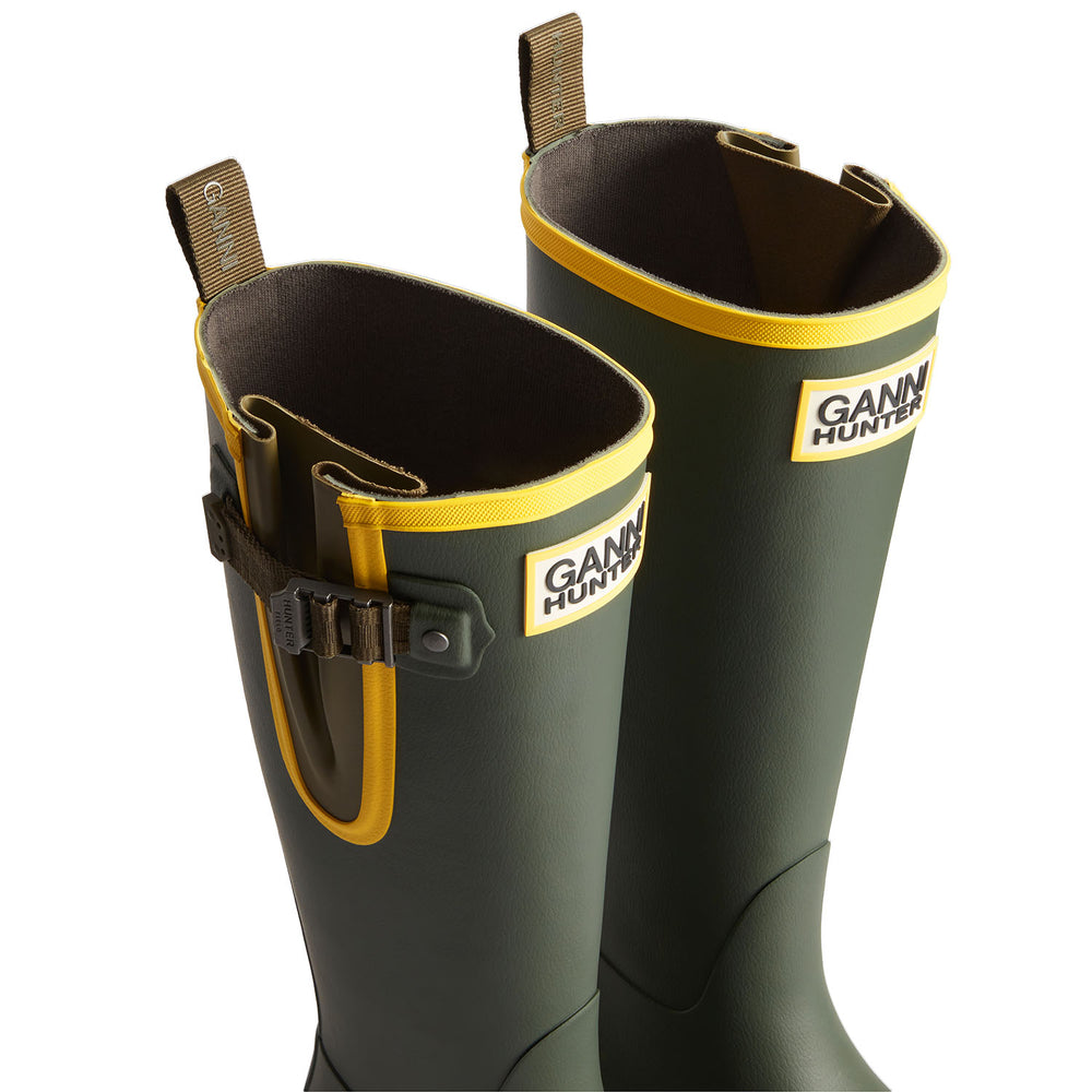 Unisex GANNI X Hunter Tall Adjustable Downpour Wellington Boots Dark Olive/Black