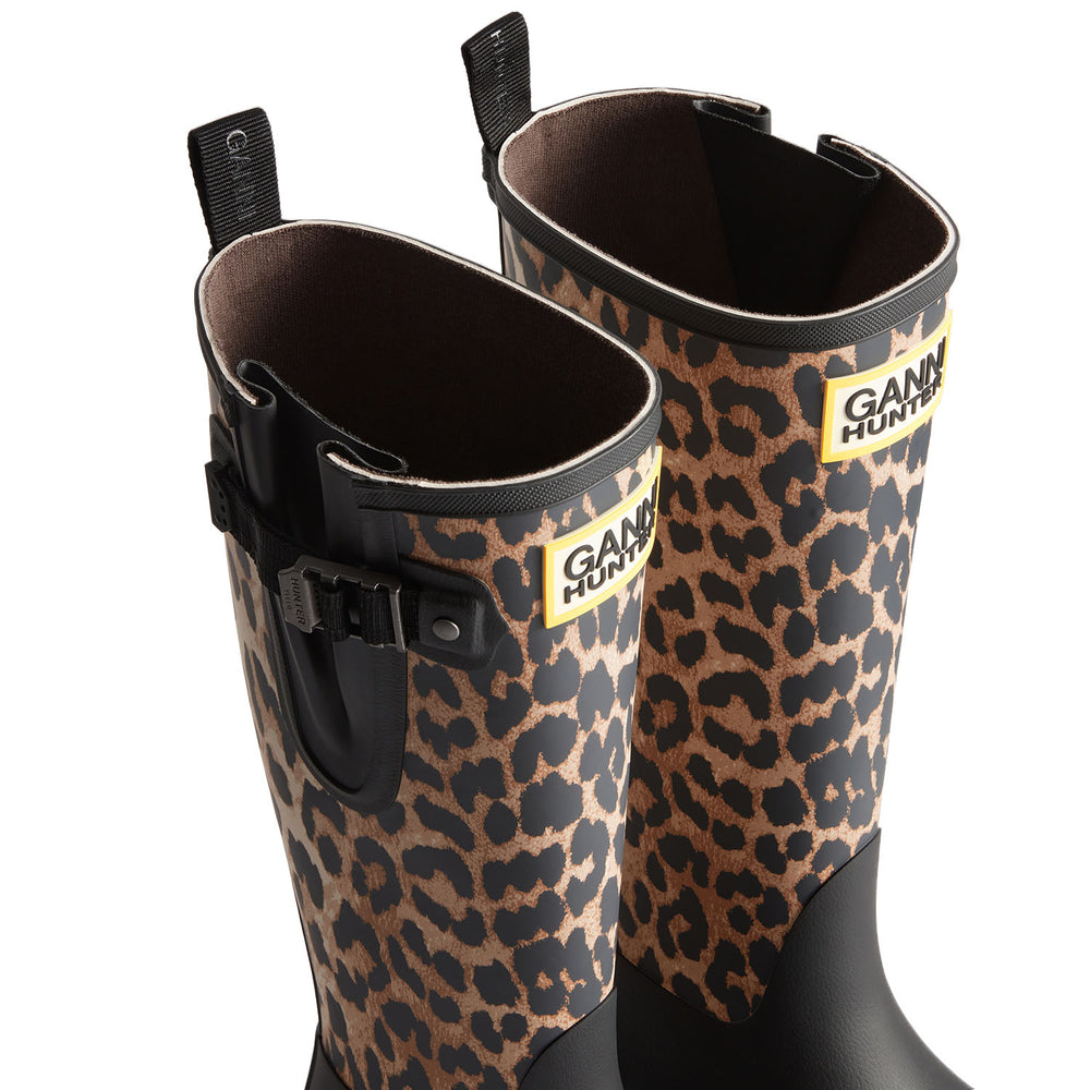 Unisex GANNI X Hunter Tall Adjustable Downpour Wellington Boots Leopard/Black
