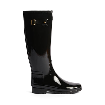 Women's Refined Gold Trim Tall Gloss Wellington Boots Black