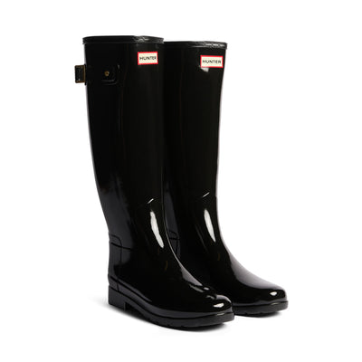 Women's Refined Gold Trim Tall Gloss Wellington Boots Black